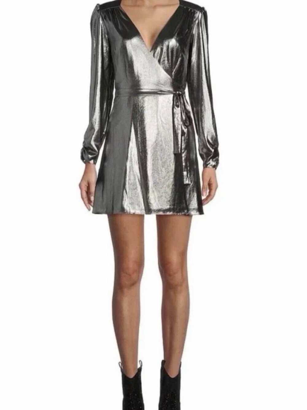 Gianni Bini Noa Silver Metallic Lame V-Neck Long Sleeve Wrap Dress
